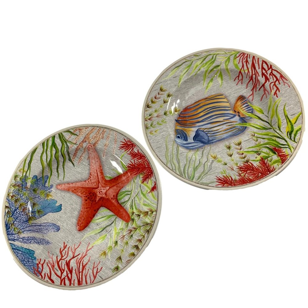 Better Homes & Gardens Set of 2 Melamine 8.5" Plates Starfish Fish Ocean Beach